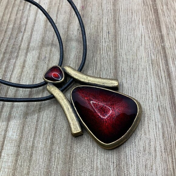 Chico's Jewelry - Chico's Vintage Red & Gold Enamel Leather Cord Necklace